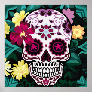 Kunstdarstellung von Schädelschmuck, Blume, Schäde Poster