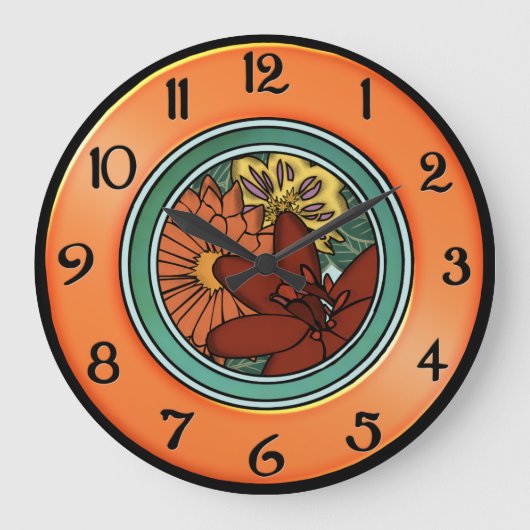 Künste und Handwerks-Blumen-Platte in der Orange Große Wanduhr (Vorderseite)
