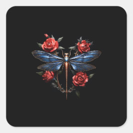 Kunstfaszinierend: Metallische Libelle mit Rote Ro Quadratischer Aufkleber