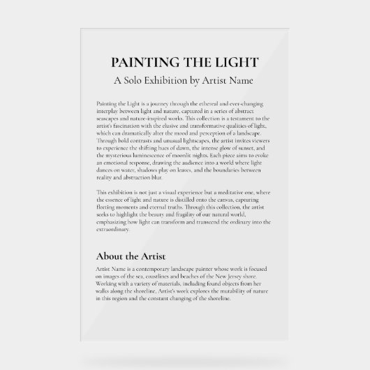 Kunstgalerie Exhibition Artist Acrylschild (Vorderseite)