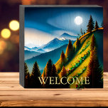 Kunstgebirgslandschaft Holzkisten Schild<br><div class="desc">Dieses hölzerne Kastenschild mit künstlerischer Darstellung einer Berglandschaft am Mondlicht ist ein einzigartiger Akzent für jede Lodge,  Hütte oder Zuhause.</div>