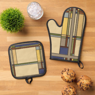 Kunsthandwerk Bungalow Design in Herbstfarben Ofenhandschuh & Topflappen-Set