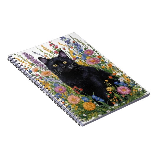 Kunsthandwerk Schwarze Katze und Blumen Stickereik Notizblock (Rechte Seite)