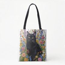 Kunsthandwerk Schwarze Katze und Blumen Stickereik
