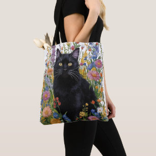Kunsthandwerk Schwarze Katze und Blumen Stickereik Tasche