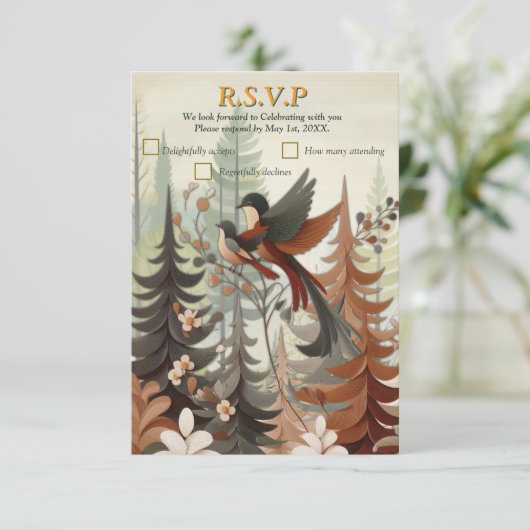 Kunstillustrierung von vereinfachenden Vögeln mode RSVP Karte (Stehend Vorderseite)