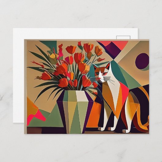 Kunstkatze mit Blume Postkarte (Vorne/Hinten)