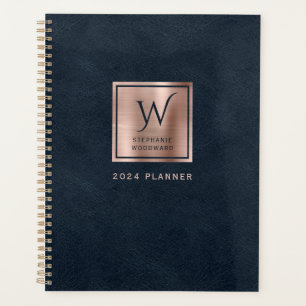 Kunstleder Navy Blau Roségold Monogramm 2024 Planer