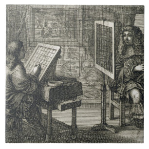 Künstler, der ein Porträt über einem Gitter für Fliese