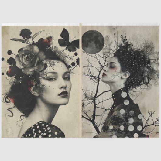 Künstler Mixed Media Black Cream Large Faces 2 Seidenpapier (Vorderseite)