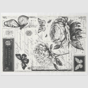 Künstler Schwarz-weiß große Vintage Blumendekoupag Seidenpapier