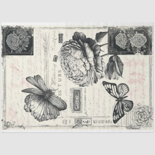 Künstler Schwarz-weiß große Vintage Peony Backgrou Seidenpapier (Vorderseite)