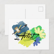 Künstler. Zeichnend. Blau und Gelb. Pinsel und Pin