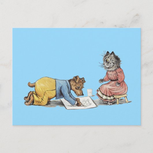 Künstlerhund, der eine Katze zeichne Postkarte (Vorderseite)