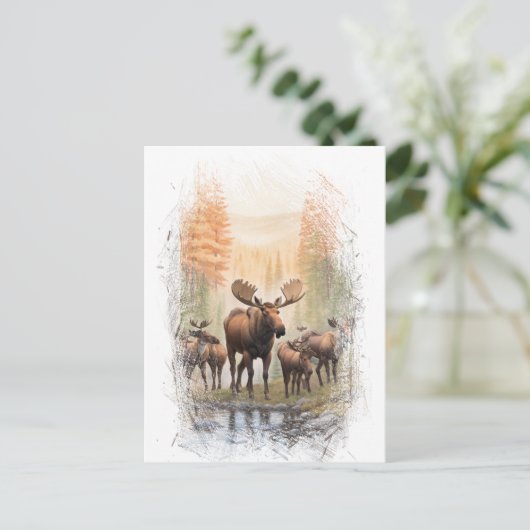 *~* Künstlerisch AP49 MOOSE HERD Forest STREAM Postkarte (Stehend Vorderseite)