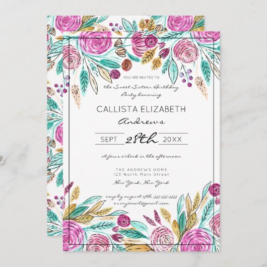 Künstlerisch Elegant Rosa Aquamarine Wasserfarbe S Einladung (Vorne/Hinten)