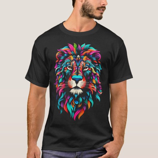 Künstlerisch farbenfroh lebendiger Pop Lion T-Shirt (Vorderseite)