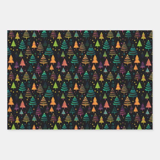 Künstlerisch farbenfrohe moderne Weihnachtsbaumen Geschenkpapier Set (Vorderseite 3)