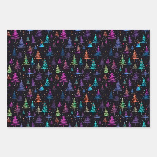 Künstlerisch farbenfrohe moderne Weihnachtsbaumen Geschenkpapier Set (Vorderseite)