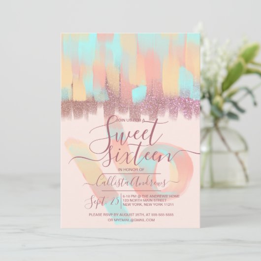 Künstlerisch Girly Aquamarin Pink Glitzer Pinselst Einladung (Stehend Vorderseite)