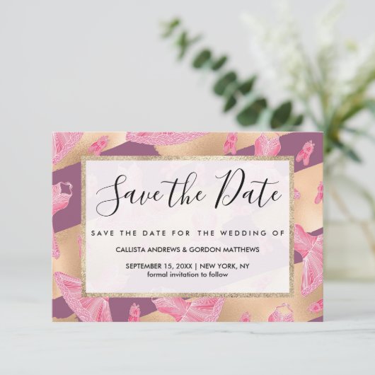 Künstlerisch Girly Pink Gold Lila Ballerina Dress Save The Date (Stehend Vorderseite)