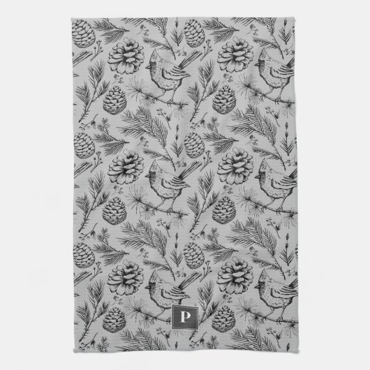 Künstlerisch Light Gray Kardinal Bird Pine Winter  Geschirrtuch (Vertikal)