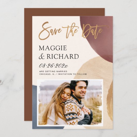 Künstlerisch modern Abstrakte Form Gold Brush Foto Save The Date (Vorne/Hinten)