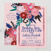 Künstlerisch Pink Blue Glitzern floral Acrylic Geb Einladung (Vorne/Hinten)