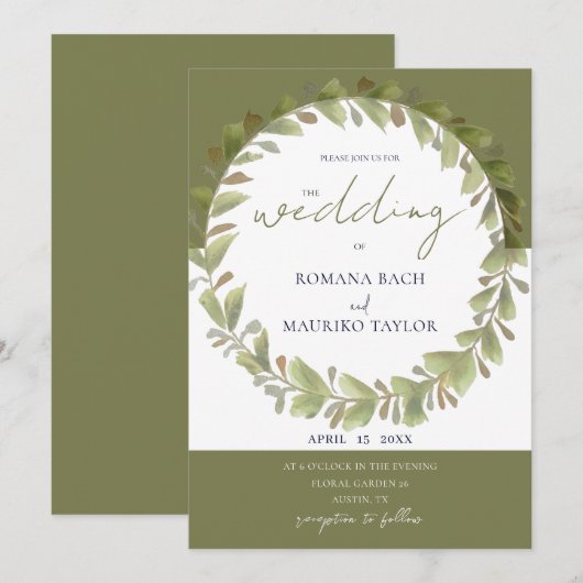 Künstlerisch-romantisches Grünkraut Einladung (Vorne/Hinten)