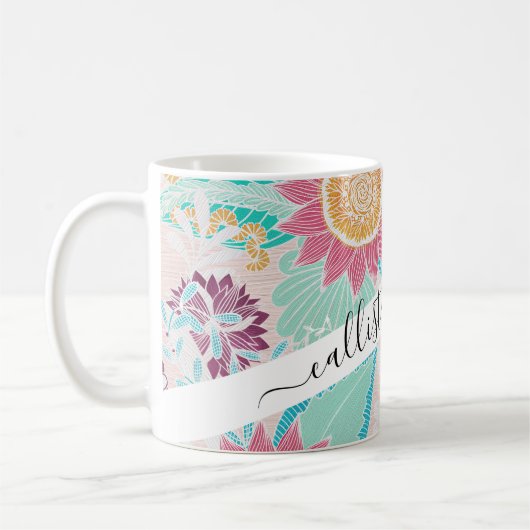 Künstlerisch rosa Aquamarine Blume Blätter Ölgemäl Kaffeetasse (Links)