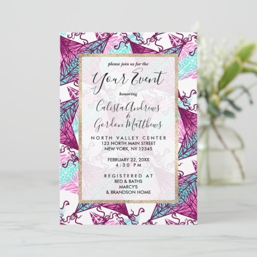 Künstlerisch rosa Lila Aquamarine geometrische Abs Einladung (Stehend Vorderseite)