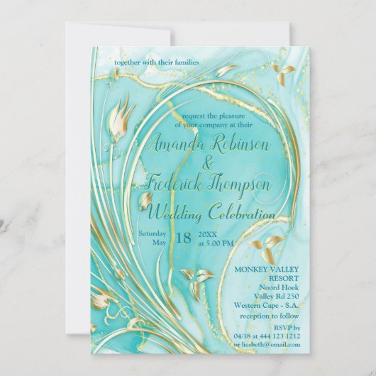 Künstlerisch Türkis Gold abstrakte Blume Einladung (Vorderseite)