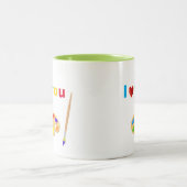 Künstlerisch vielfarbige Text- und Kunstsymbole au Zweifarbige Tasse (Mittel)