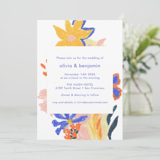 Künstlerische Abstrakte blumengeschmückte farbenfr Einladung (Stehend Vorderseite)