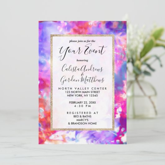 Künstlerische Abstrakte Sommerrosa Lila Orangefarb Einladung (Stehend Vorderseite)