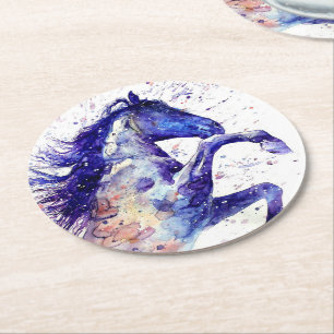 Künstlerische Aquarell-Spritzmalerei Blau Pferd Runder Pappuntersetzer