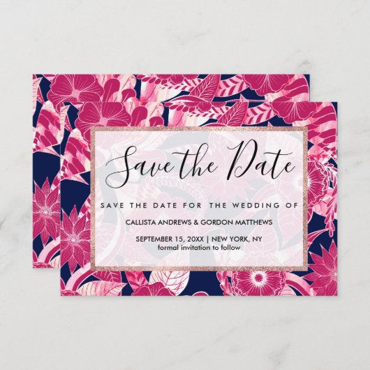 Künstlerische Blätter der Fuschia Navy mit Akrylfl Save The Date (Vorne/Hinten)