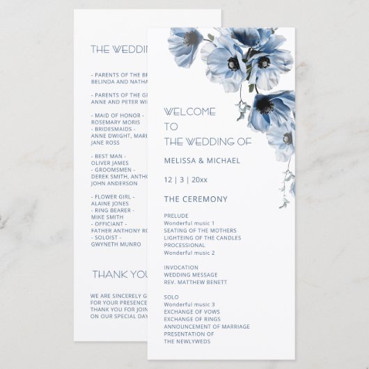 Künstlerische blaue Blumen Hochzeit Programm (Vorne/Hinten)
