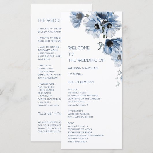 Künstlerische blaue Blumen Hochzeit Programm (Vorne/Hinten)