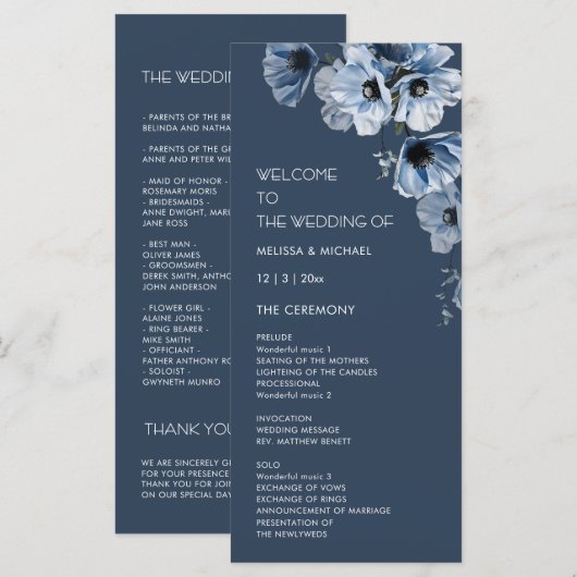 Künstlerische blaue Blumen Hochzeit Programm (Vorne/Hinten)