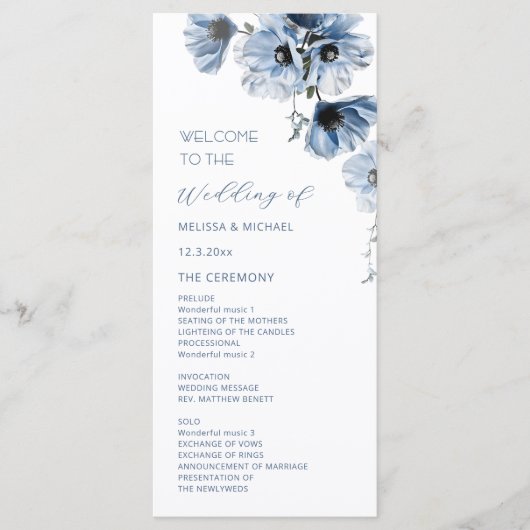 Künstlerische blaue Blumen Hochzeit Programm (Vorderseite)
