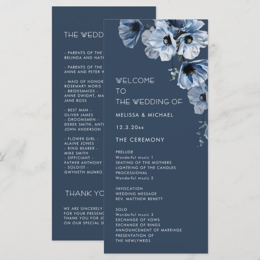 Künstlerische blaue Blumen Hochzeit Programm (Vorne/Hinten)