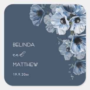 Künstlerische blaue Blumen Hochzeit Quadratischer Aufkleber