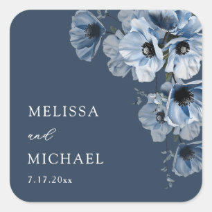 Künstlerische blaue Blumen Hochzeit Quadratischer Aufkleber