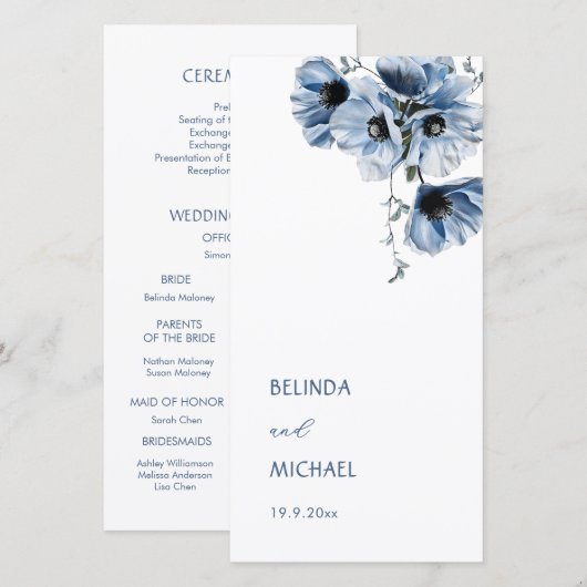 Künstlerische blaue Blumen | Hochzeitsprogramm (Vorne/Hinten)