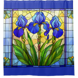 Künstlerische Blaue Schwertlilie Blumen Buntglas Duschvorhang