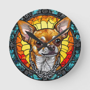 Künstlerische Chihuahua-Illustration in Bleiglas Runde Wanduhr