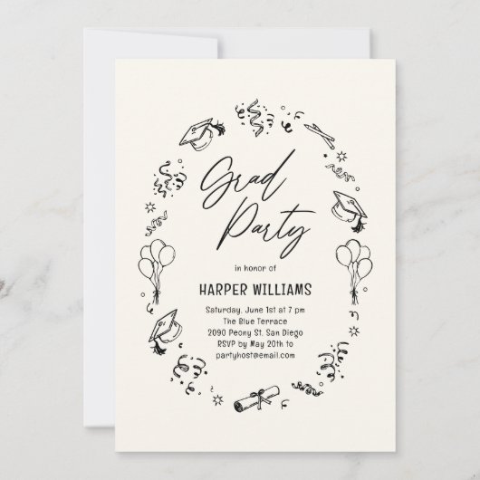 Künstlerische Doodles Editable Color Abschluss Ein Einladung (Rückseite)