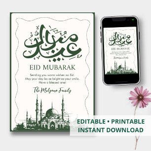 Künstlerische dunkelgrüne Moschee-Skizze Eid Mubar Feiertagskarte