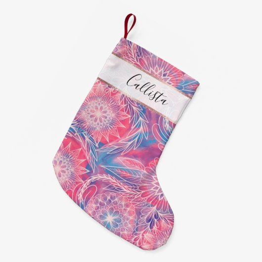 Künstlerische Girly Pink Blue Paint Floral Illustr Kleiner Weihnachtsstrumpf (Vorderansicht (hängend))